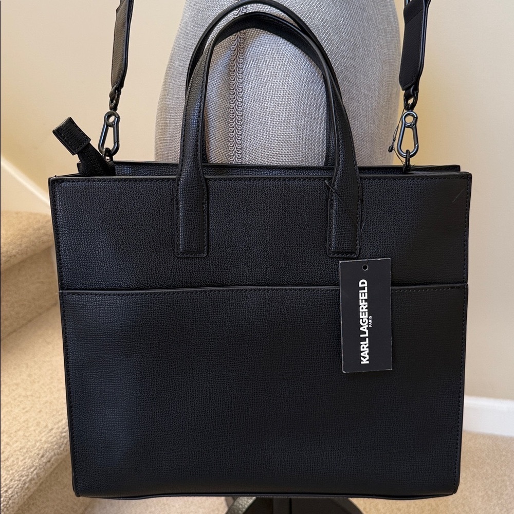 Karl Lagerfeld Paris Stitched Chrevon Black tote/crossbody bag. - Picture 2 of 15